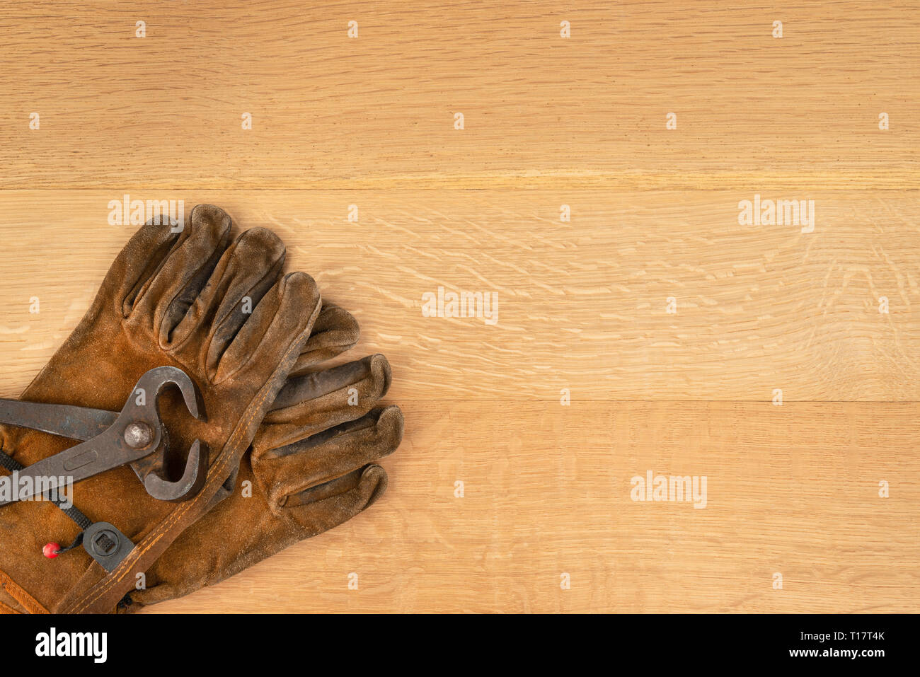 Jahrgang Paar lange Griff Seitenschneider Zangen und gut getragen Leder Arbeitshandschuhe Holz Hintergrund Kopie Raum Stockfoto