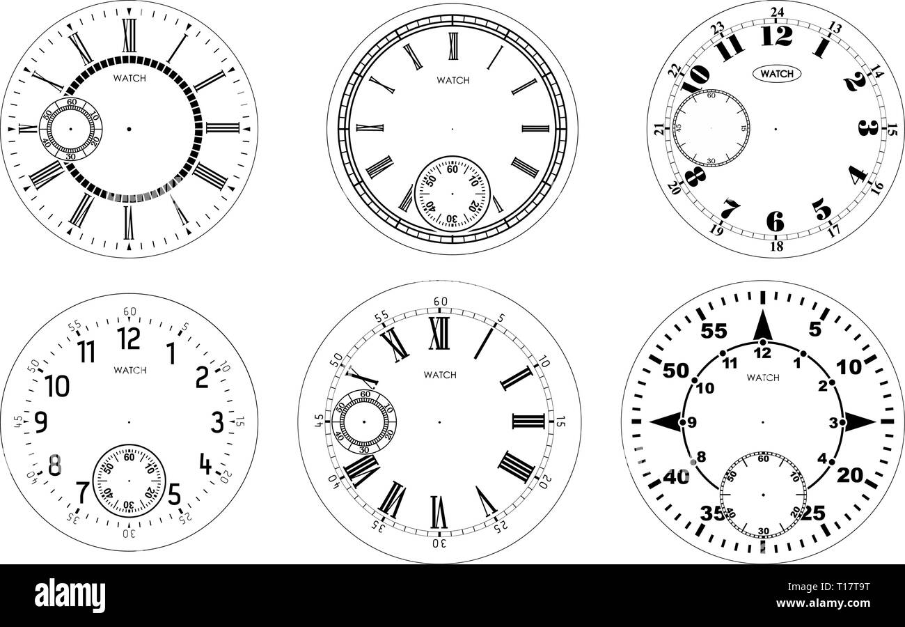 Zifferblatt leer legen Sie auf weißem Hintergrund. Vektor watch Design. Vintage römische Ziffer clock Abbildung. Schwarze runde Zahl skalieren Stock Vektor