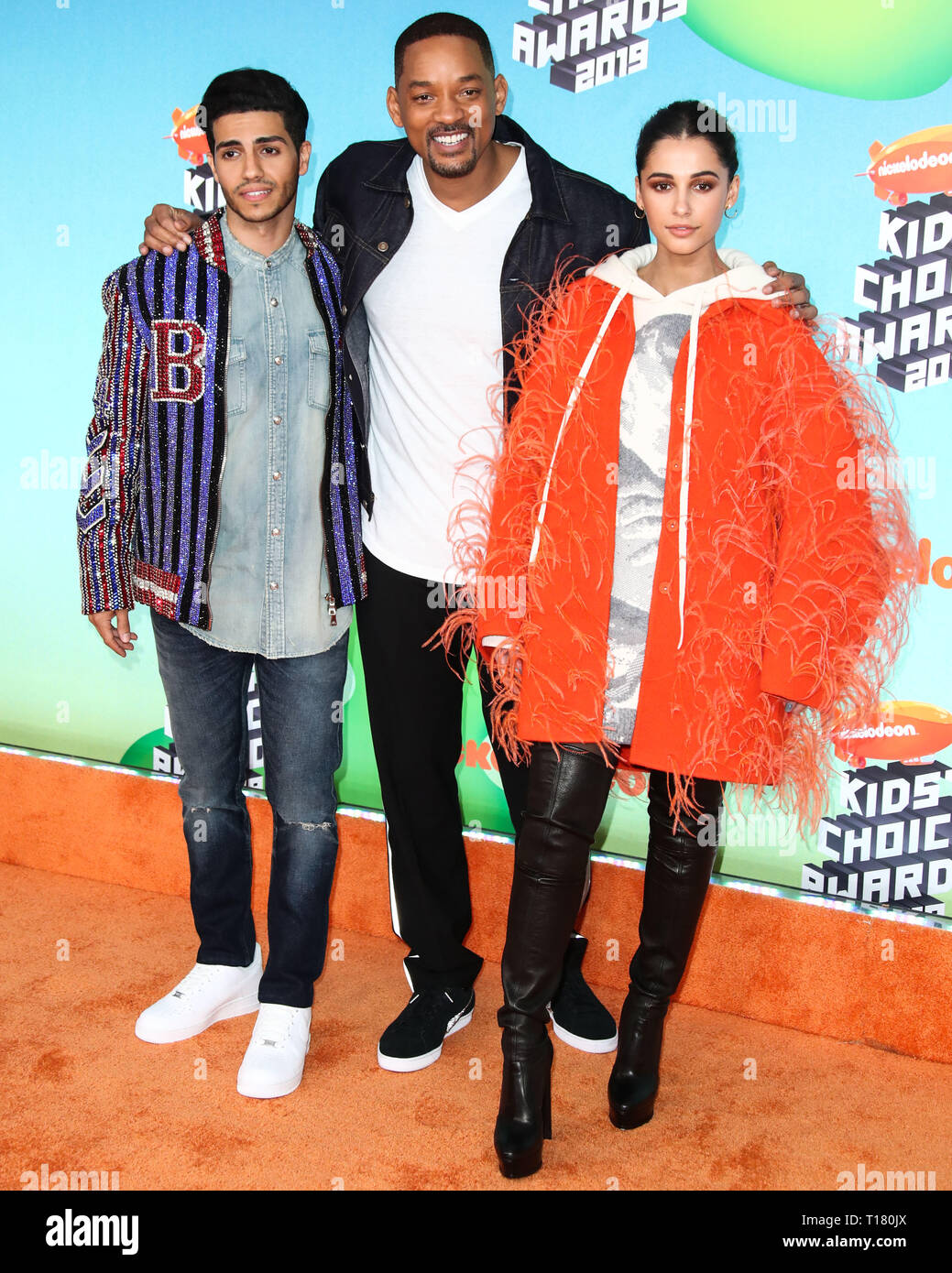 Los Angeles, USA. 23 Mär, 2019. Mena Massoud, Will Smith und Naomi Scott ankommen am Nickelodeon Kids' Choice Awards 2019 an der USC Galen Center am 23. März 2019 in Los Angeles, Kalifornien, USA. (Foto von Xavier Collin/Image Press Agency) Quelle: Bild Presse Agentur/Alamy leben Nachrichten Stockfoto