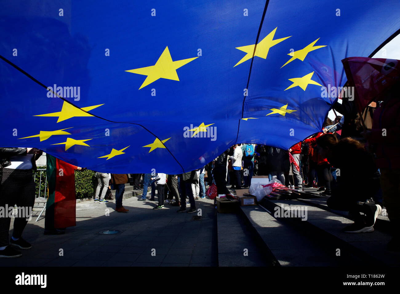 Brüssel, Belgien. 24. März 2019. Demonstranten März, wie sie die Fahnen der Europäischen Union während einer pro-europäischen Union Demonstration. Credit: ALEXANDROS MICHAILIDIS/Alamy leben Nachrichten Stockfoto