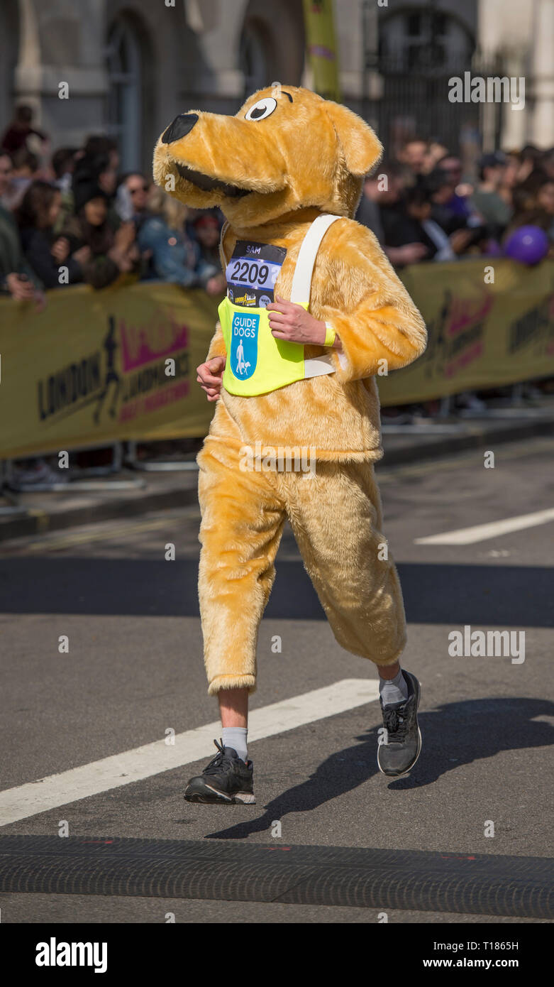 London, Großbritannien. 24. März, 2019. Das zweite Wahrzeichen Londons Halbmarathon findet statt, beginnend auf Pall Mall und der Fertigung in Whitehall, nachdem eine Route, die an das West End und die Stadt London so weit wie Tower Hill, mit einem 6 Mio. £ charity Fundraising Ziel. Liebe Läufer, Läufer in tollen Kostümen, Guinness World Record Versuche und Prominente teilnehmen. Bild: Läufer in Fancy Dress als Blindenhund endet das Rennen. Credit: Malcolm Park/Alamy Leben Nachrichten. Stockfoto