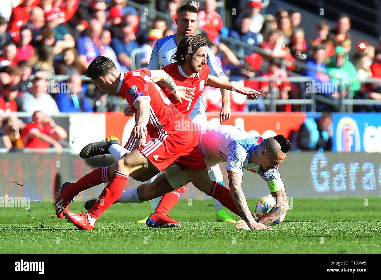 Cardiff, Wales, UK. 24. Mär 2019. UEFA EURO 2020 Qualifier, Wales v Slowakei. Joe Allen, Wales. Nur Nachrichten verwenden. Credit: Gareth John/Alamy leben Nachrichten Stockfoto