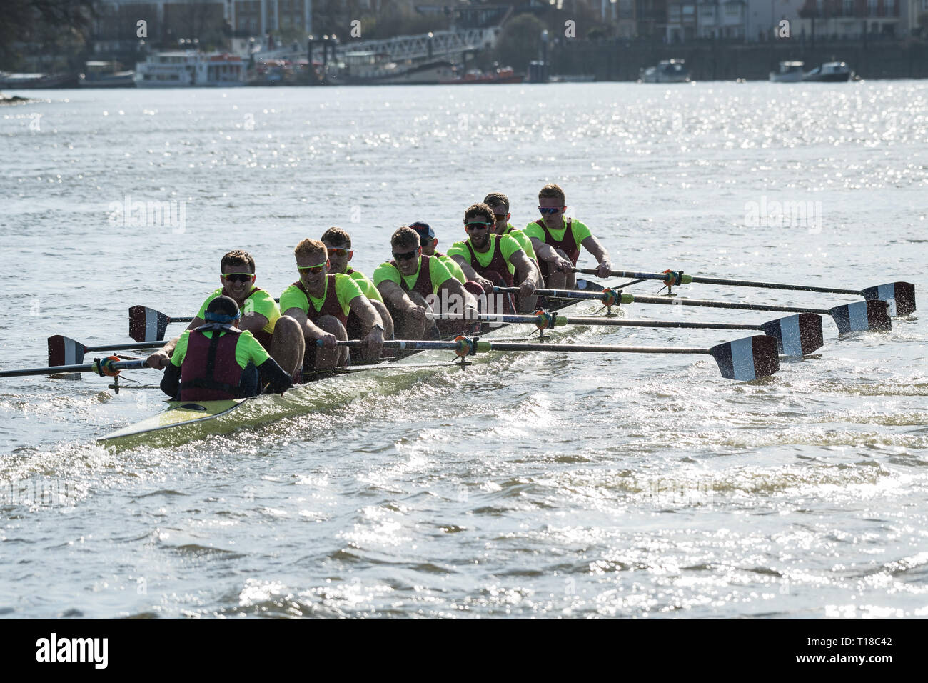 London, Großbritannien. 24 Mär, 2019. 24. März 2019. Boat Race Fixture. CUBC vs Oxford Brookes. Die Vorbereitung auf die Regatten, Oxford und Cambridge Clubs beteiligen sich eine Reihe von Vorrichtungen gegen andere Vereine, Rudern die gleichen Tideway Kurs als für das Boot Rennen verwendet. CUBC Crewliste (Hellblau T-shirts): - Schlaganfall: Natan Wegrzycki-Szymczyk, 7: Freddie Davidson, 6: Sam Hookway, 5: Callum Sullivan, 4: Dara Alizadeh, 3: Grant Bitler, 2: James Cracknell, Bug: Dave Bell, Cox: Matthew Holland Credit: Duncan Grove/Alamy leben Nachrichten Stockfoto