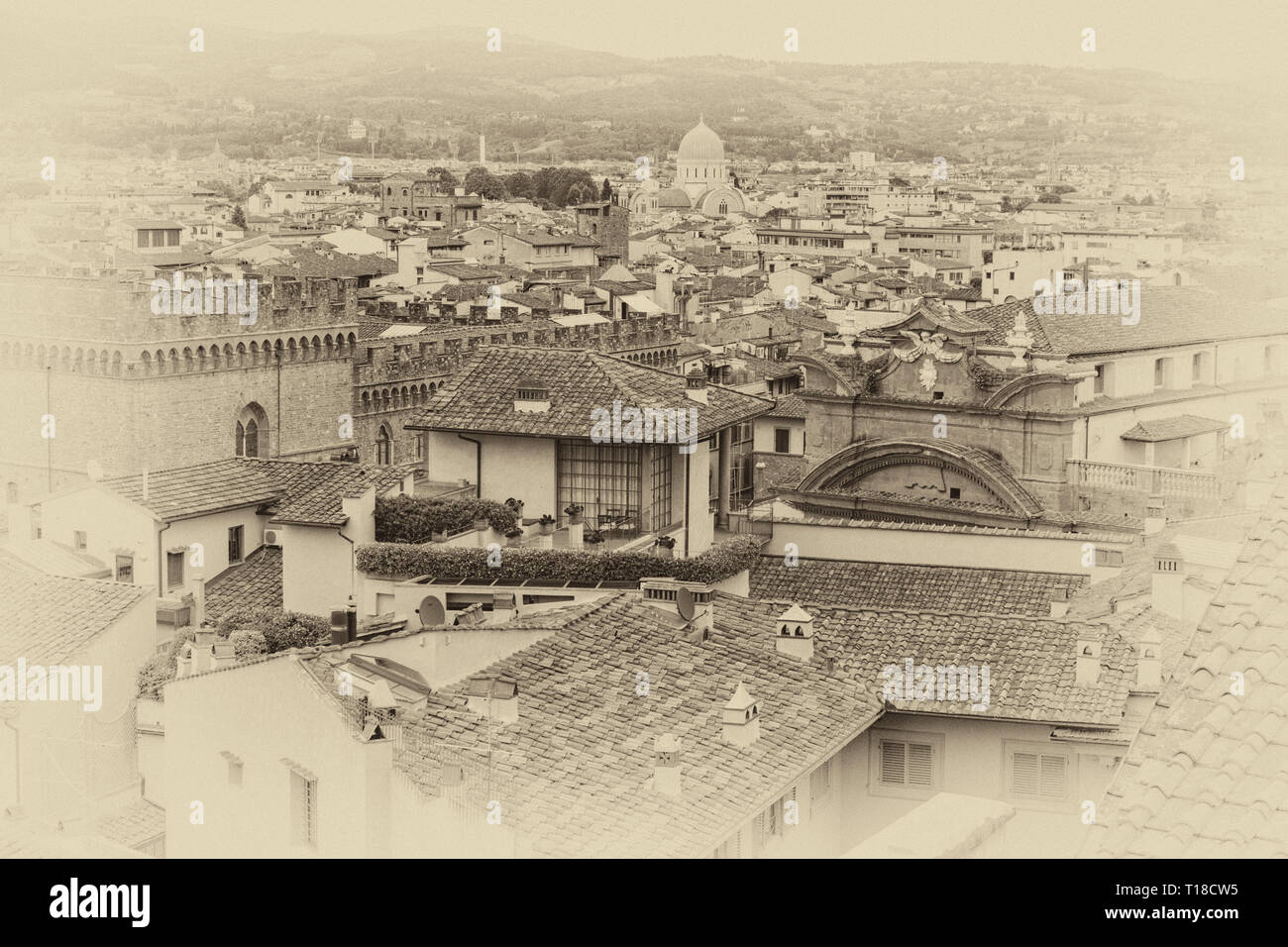 Sinagoga Comunità Ebraica aus dem Palazzo Vecchio in Florenz, Toskana, Italien gesehen. Stockfoto