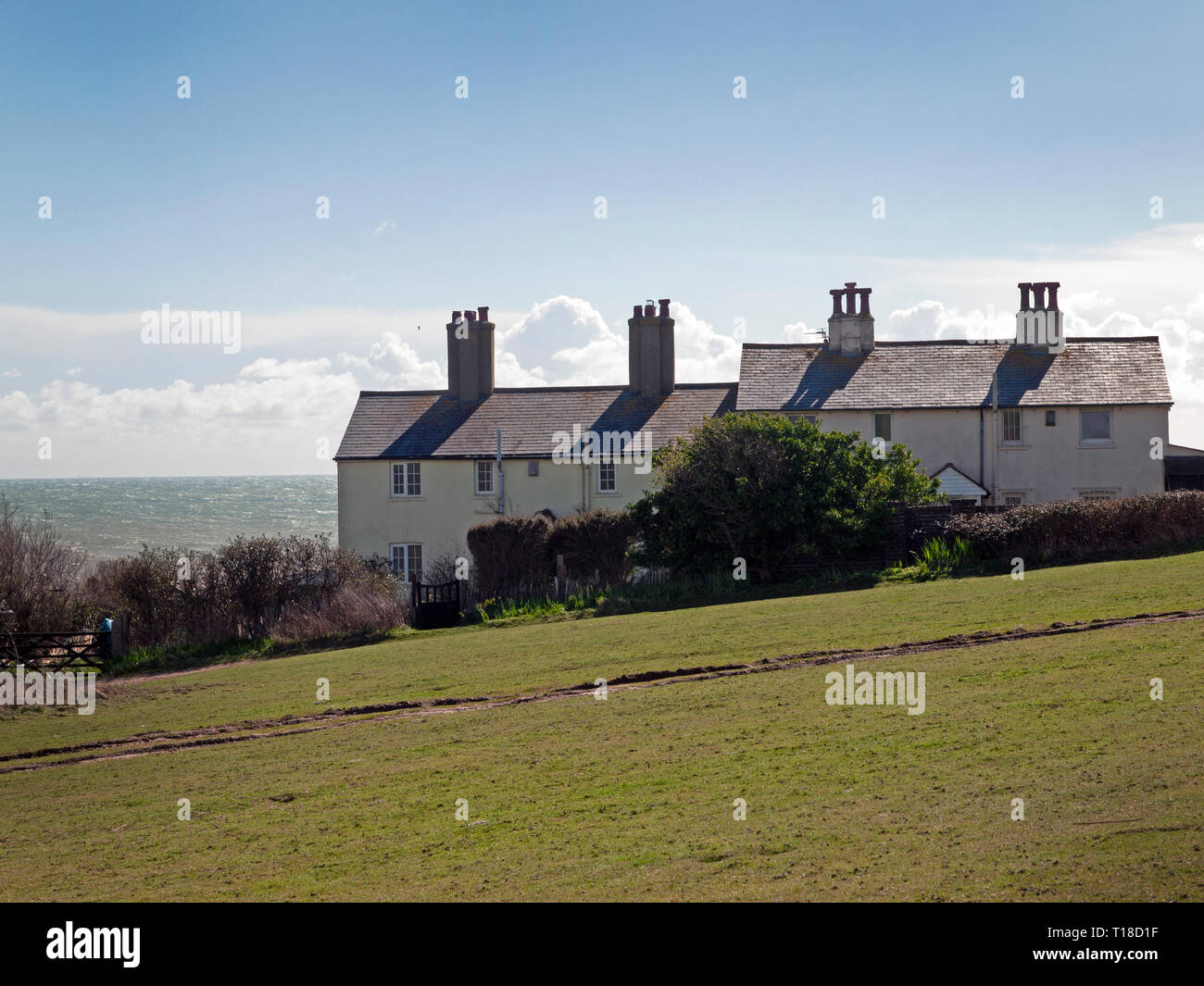 Die Küstenwache Cottages im Cuckmere Haven, East Sussex Stockfoto