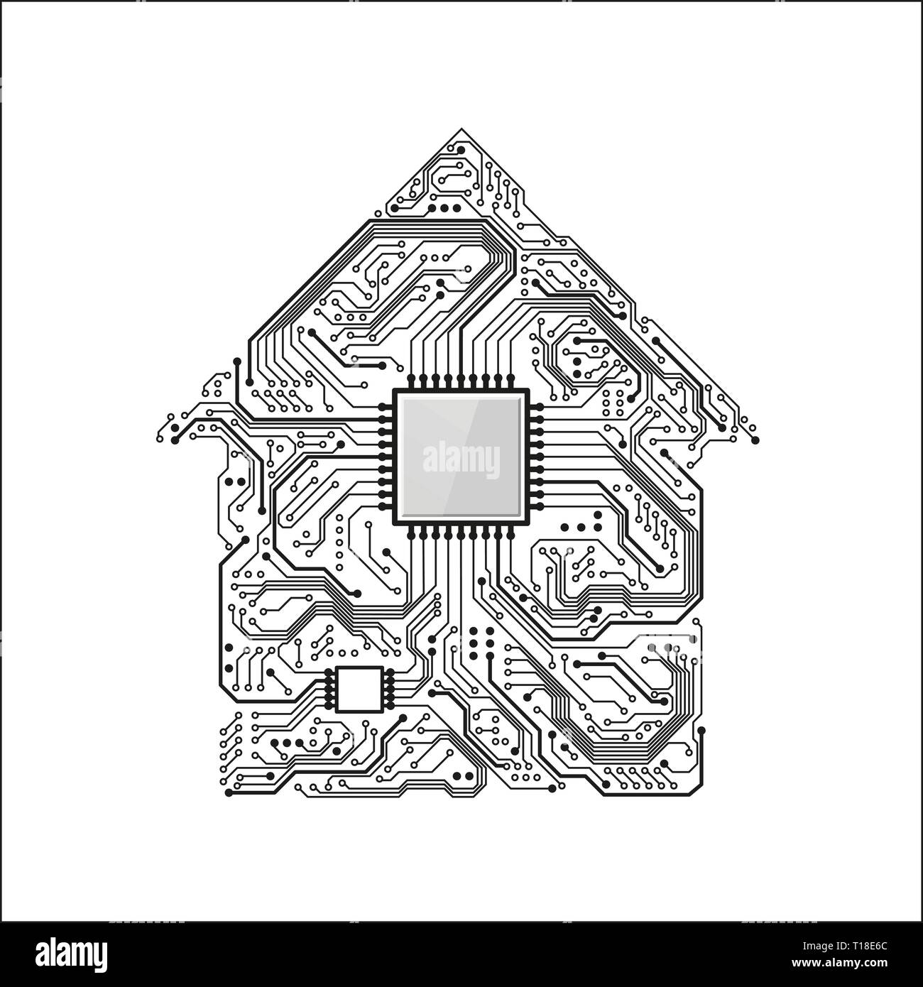 Smart Home Konzept. Stromkreis Haus mit CPU. Technik der Zukunft Hintergrund. Vector Illustration Stock Vektor