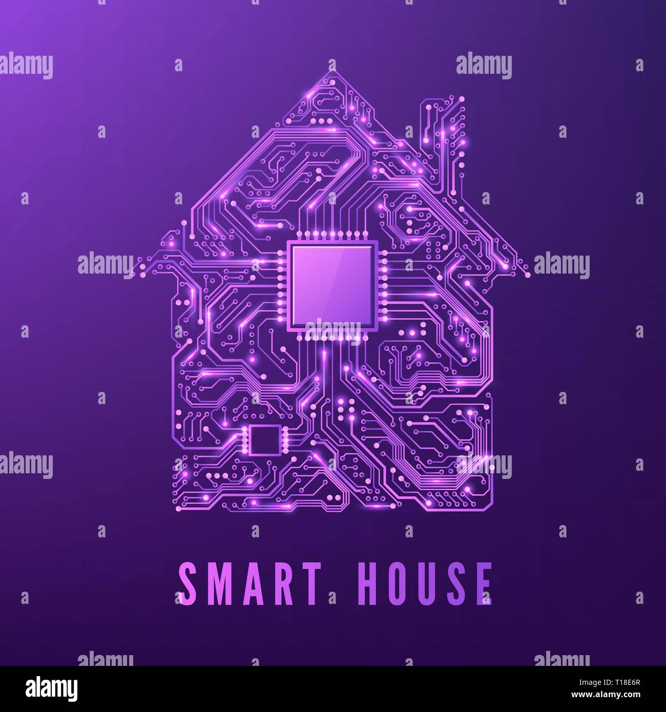 Smart Home oder IOT-Konzept. Lila Kreis Haus mit CPU. Zukunft und Innovation Technologie Hintergrund. Vector Illustration Stock Vektor