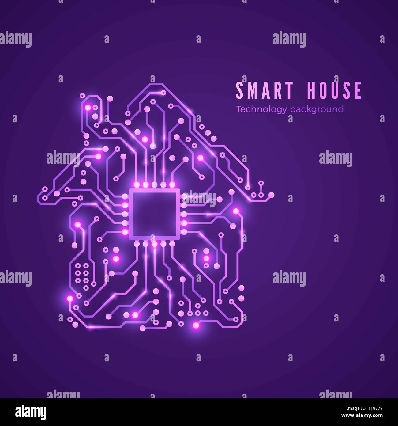 Smart house Konzept. Stromkreis home und CPU. Vector Illustration isoliert auf lila Hintergrund Stock Vektor
