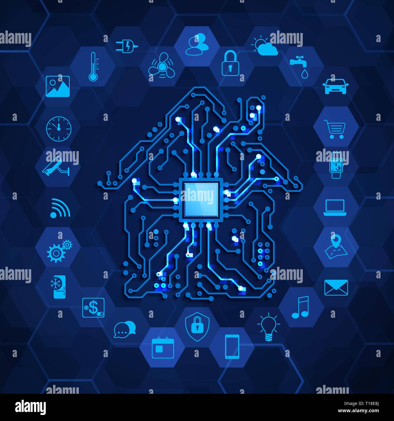 Smart Home Konzept. Technik der Zukunft Innovation. Haus- und Smart house Funktion Symbole. Vector Illustration auf blauem Hintergrund Stock Vektor