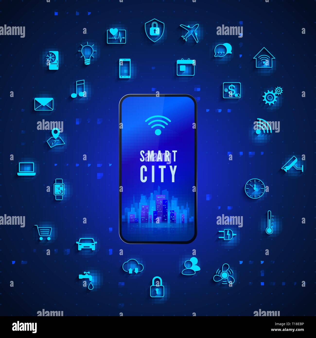 Moderne Smart City Konzept. Smart City am Handy angezeigt und das Symbol gesetzt. Technologie Hintergrund. Vector Illustration Stock Vektor