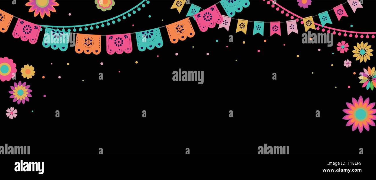 Mexikanische Fiesta Banner und Poster Design mit Fahnen, Blumen, Dekorationen Stock Vektor
