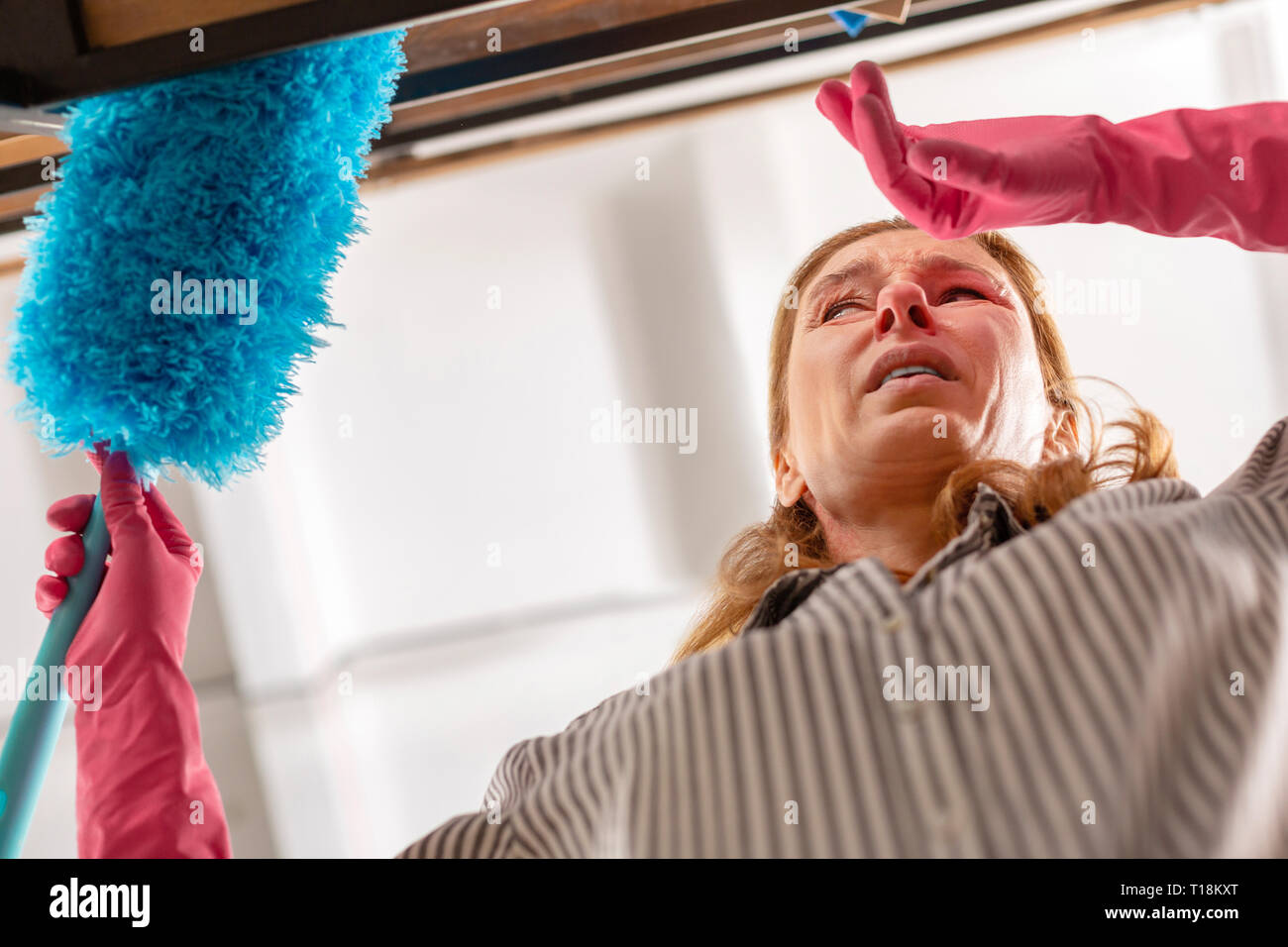 Frau mit starken Kopfschmerzen und Niesen, weil der Allergie Stockfoto