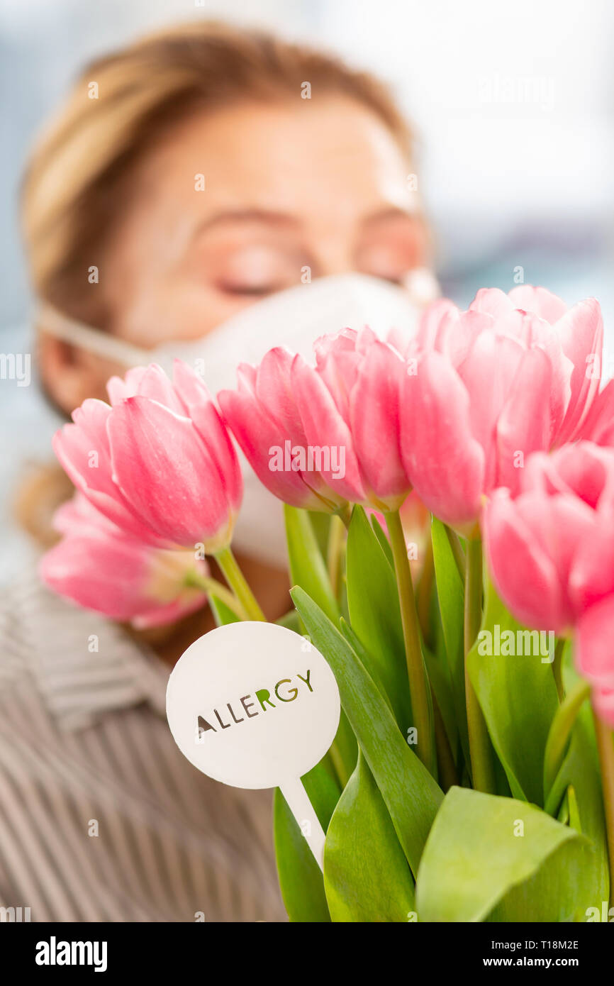 Blonde Frau, die saisonale Allergien duftende rosa Tulpen Stockfoto