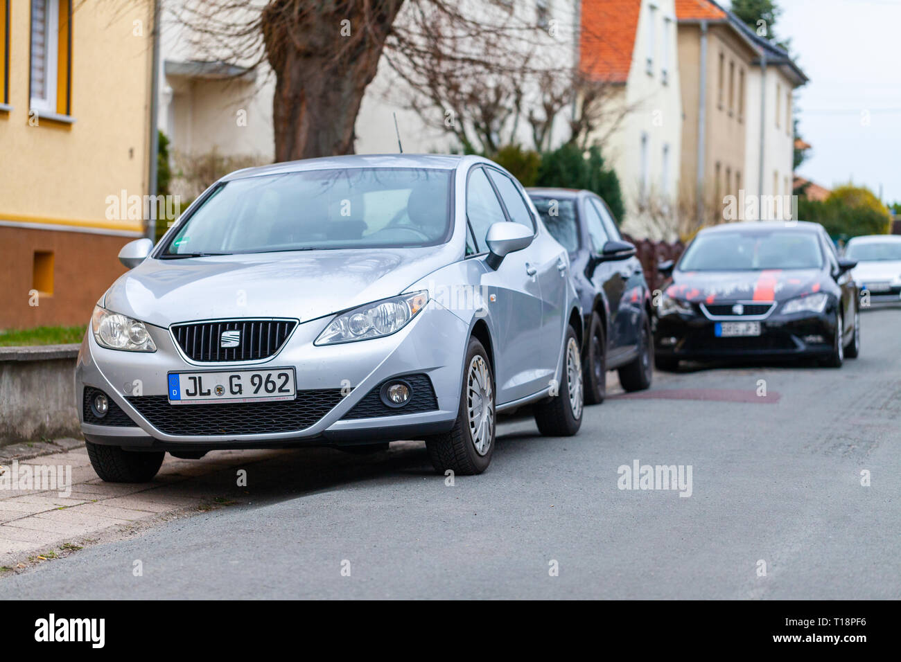 BURG/Deutschland - März 3, 2019: Seat Ibiza steht auf einer Straße in Burg. Sitz ist eine spanische Automobilhersteller mit Sitz in Martorell, Sp Stockfoto