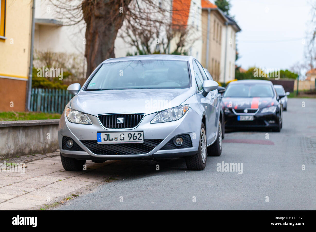 BURG/Deutschland - März 3, 2019: Seat Ibiza steht auf einer Straße in Burg. Sitz ist eine spanische Automobilhersteller mit Sitz in Martorell, Sp Stockfoto