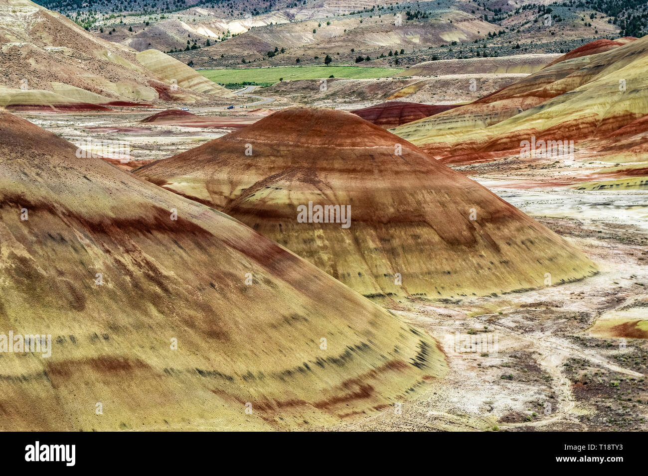 Sedimentgestein Bildung mit bunten geologische Schichten erodiert. Die malerische Landschaft. Badlands Landschaft in Painted Hills, Mitchell, Central Oregon, USA. Stockfoto
