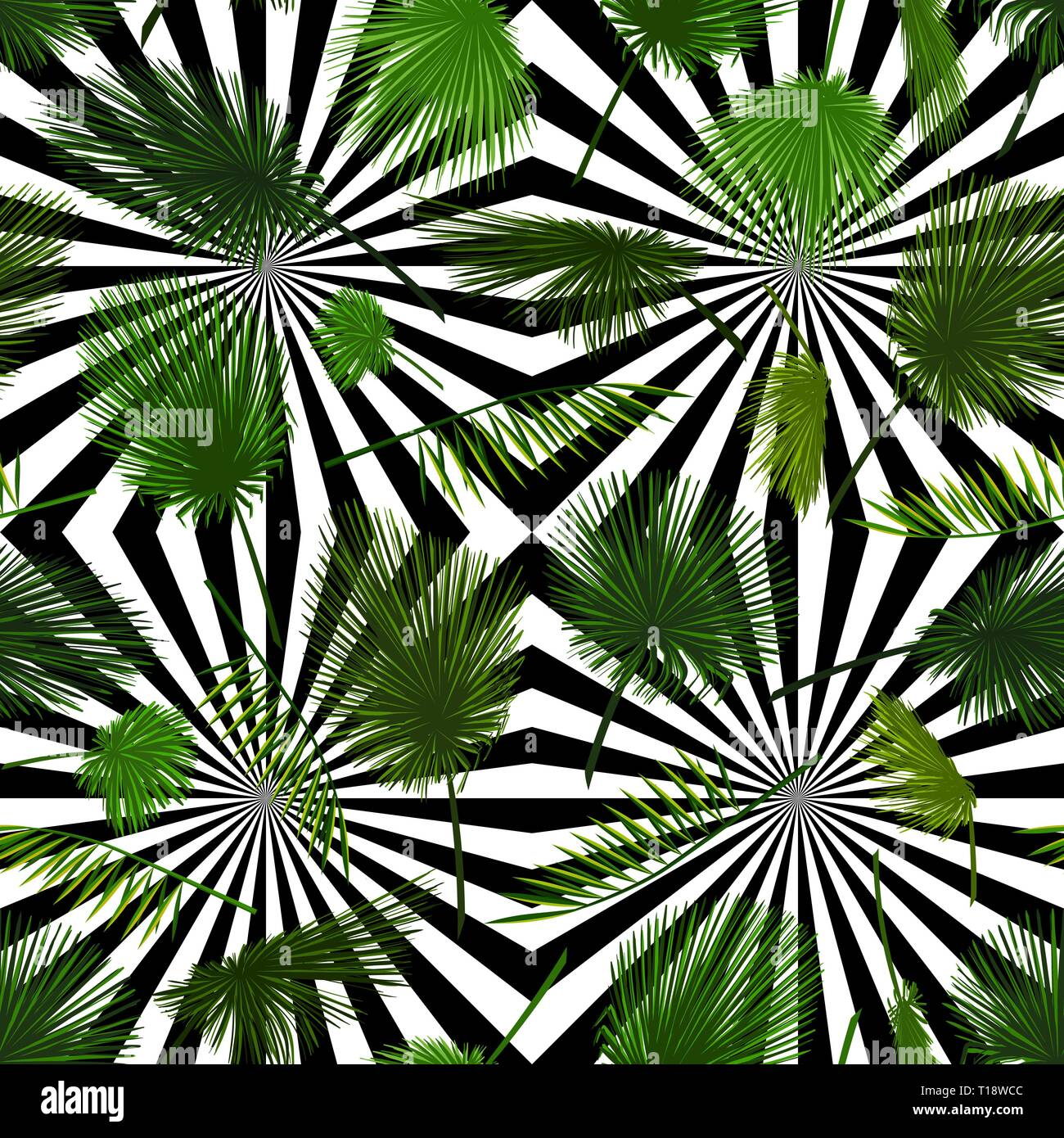 Vektor nahtlose Muster der bunten palm leaf auf abstrakten schwarz weiß Hintergrund. Von tropischen Palmen Blätter Hintergrund mit optische Illusion Stock Vektor