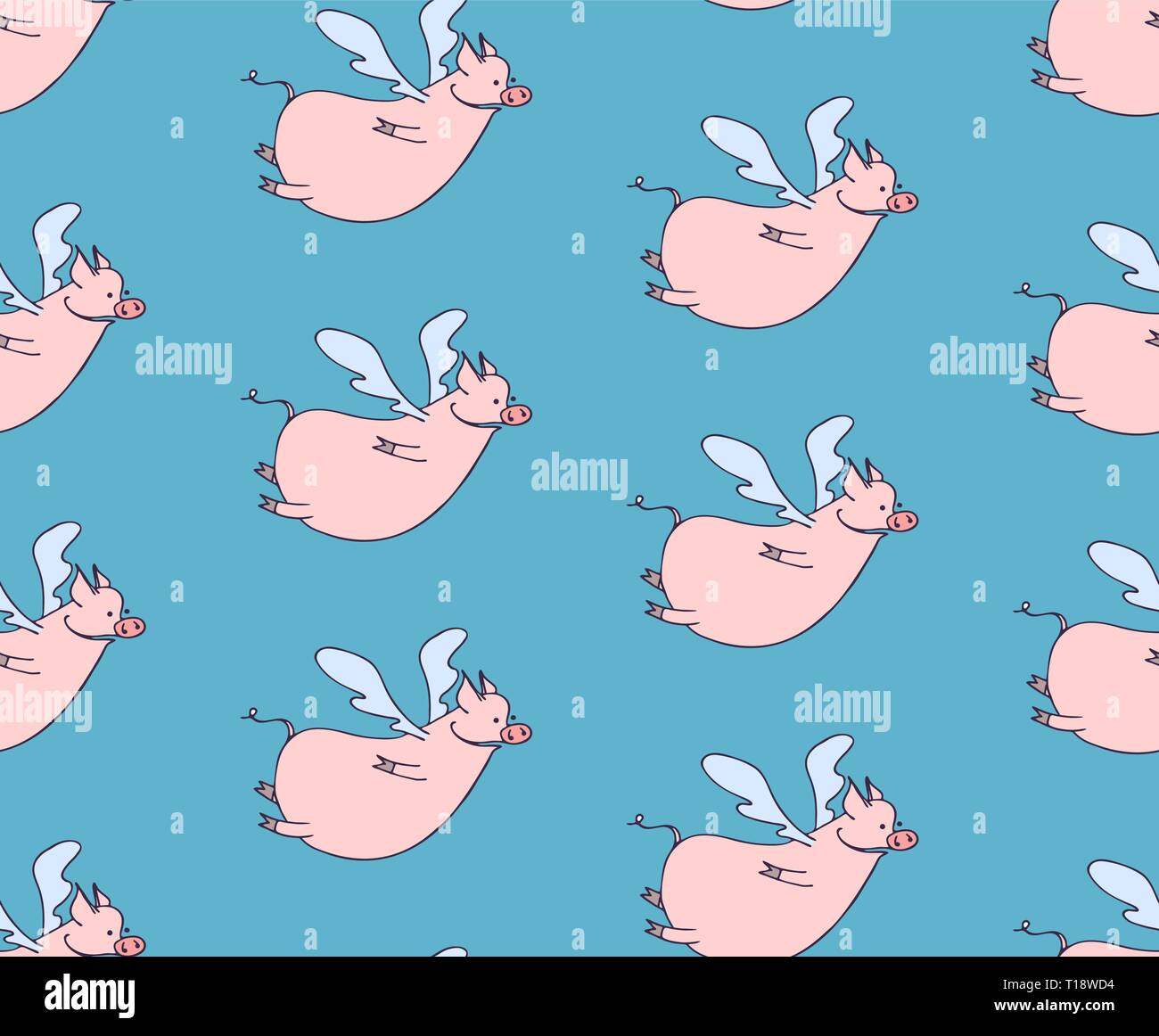 Vektor nahtlose Muster von Cartoon schweine Engel fliegen auf blauem Hintergrund. Stock Vektor