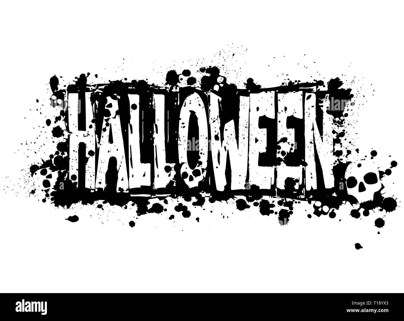 Halloween grunge Silhouette Hintergrund/Halloween grungy Silhouette Hintergrund mit versteckten Schädeln, schwarze Tinte isoliert auf weißem Stockfoto