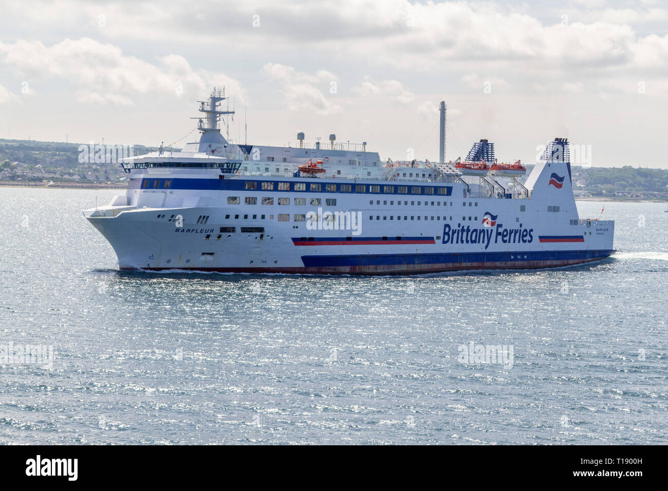 Die barfleur Brittany Ferries Fähre anreisen von Poole, Großbritannien in Cherbourg Hafen (Französisch: Rade de Cotentin, Cherbourg, Frankreich. Stockfoto
