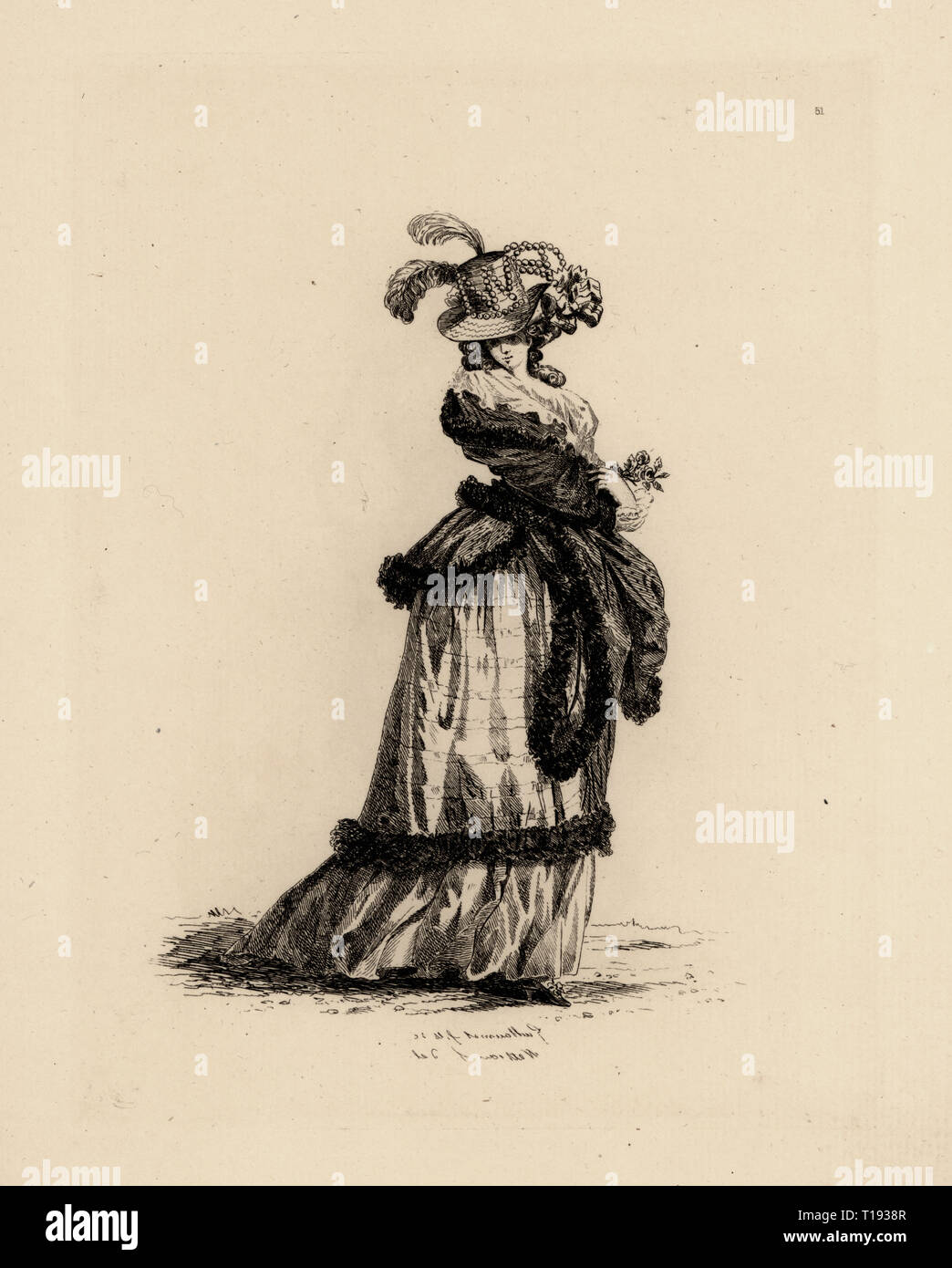 Modische Frau in Dorothy Hut, caraco Jacke über Unterkleider, Zeitalter der Marie Anoinette. Dame de qualite un Bouquet à la Main, respirant Le Bon air Aux Champs Elisees. Kupferstich Radierung von Auguste Etienne Guillaumot von Kostüme et coiffures du XVIIIe siecle, Kostüme und Frisuren des 18. Jahrhunderts, Cagnon, Paris, 1875. Ursprüngliche Abbildung von Francois Louis Joseph Watteau aus der Gallerie des Modi et Kostüme Francais, 1778-1787. Stockfoto