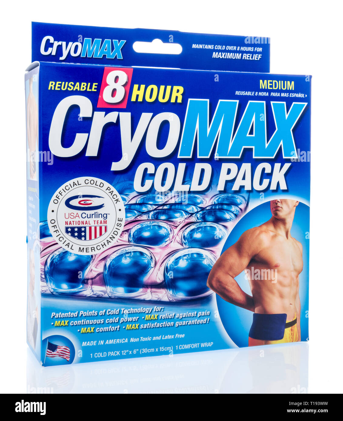 Winneconne, WI - 15. März 2019: ein Paket von Cryo Max cold Pack für Relief gegen Schmerzen an einem isolierten Hintergrund Stockfoto