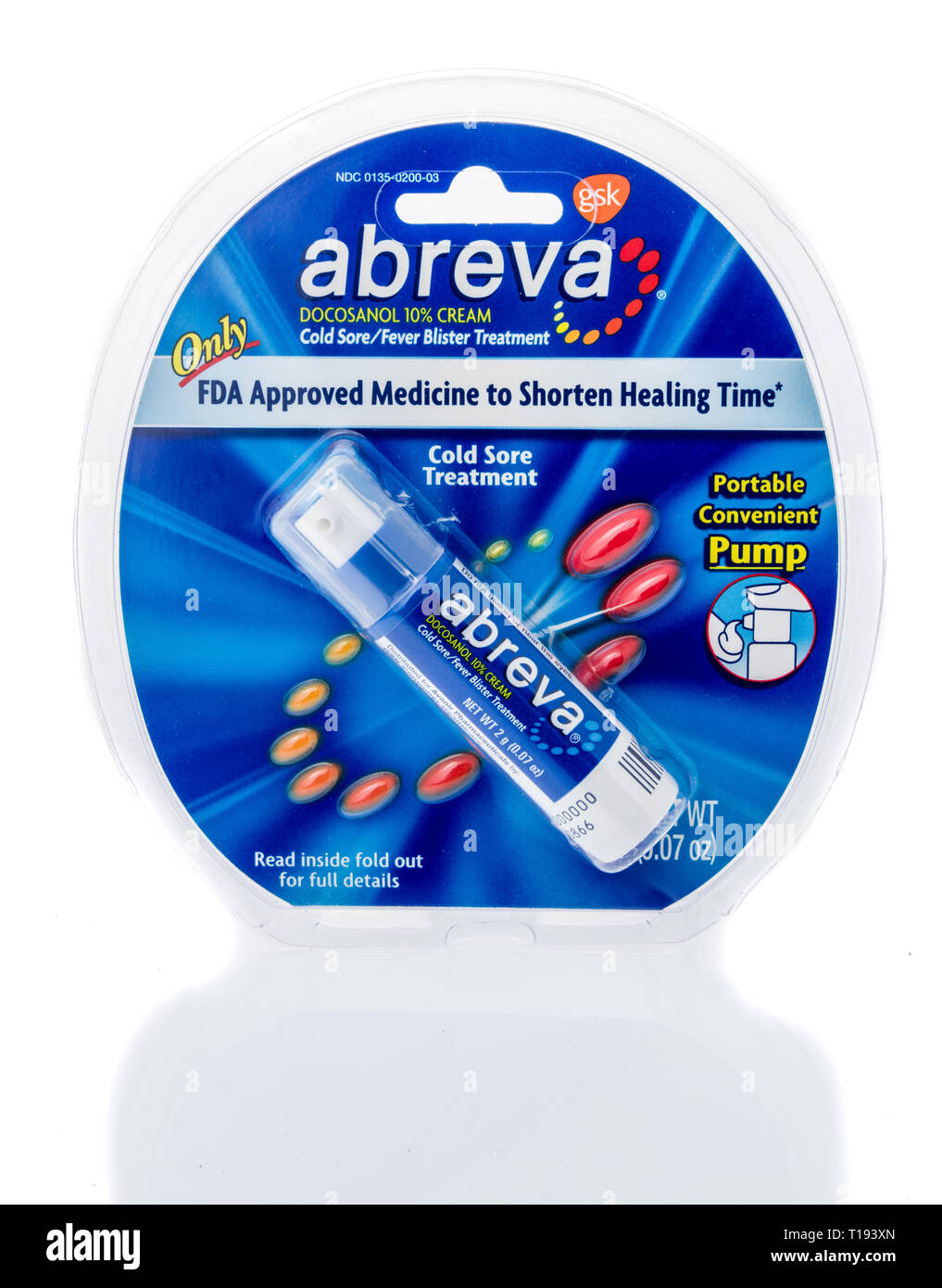 Winneconne, WI - 15. März 2019: ein Paket von ABREVA FDA genehmigt Medizin Heilung Zeit für kalte Wunden an einem isolierten Hintergrund zu verkürzen. Stockfoto