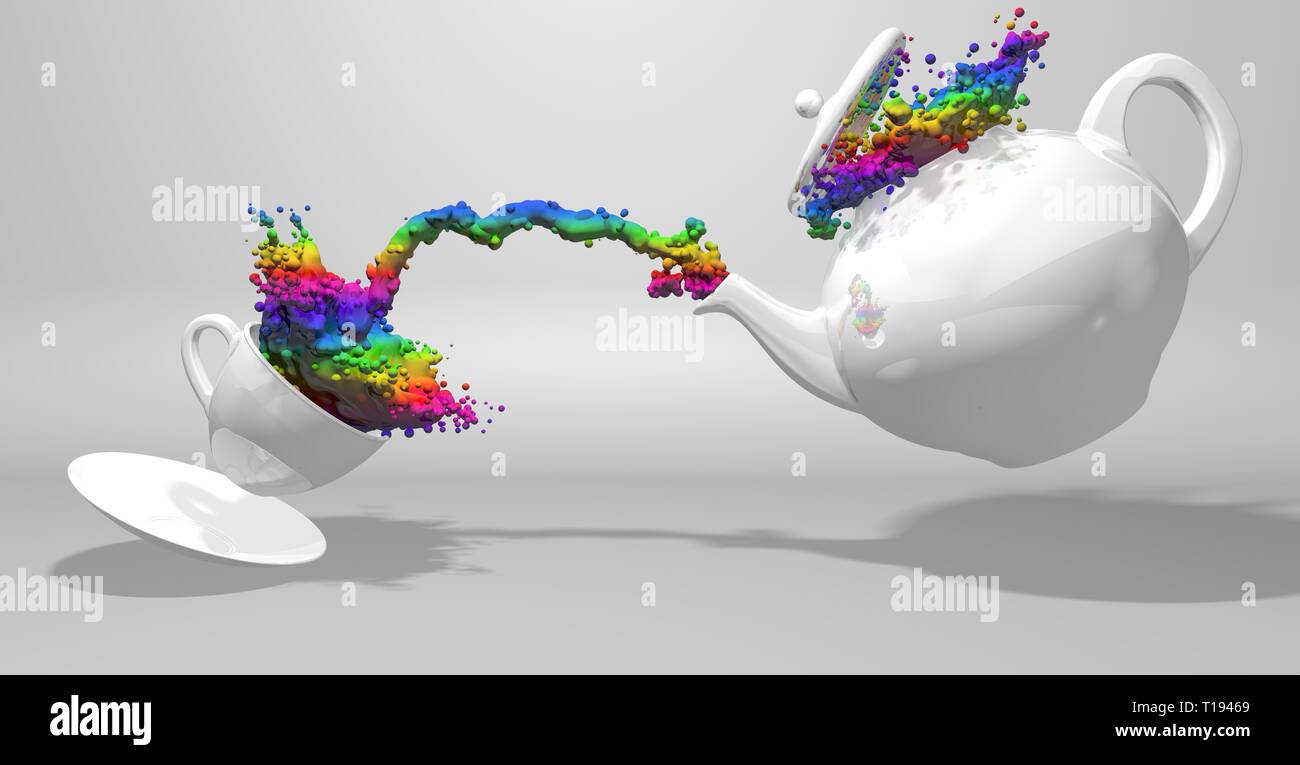 Vorderansicht eines Weisse Teekanne gießen ein Spray von Malen mit den  Farben des Regenbogens zu einem weißen Schale spritzen die Flüssigkeit beim  Springen auf einer Platte Stockfotografie - Alamy
