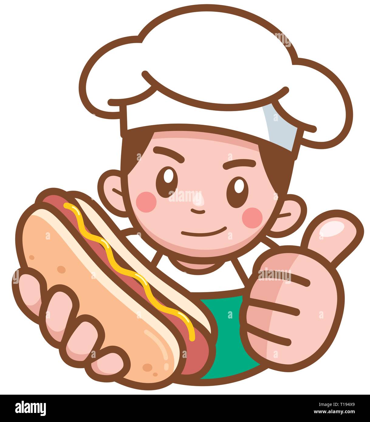 Vector Illustration von Cartoon Hot Dog Verkäufer präsentiert Essen Stock Vektor
