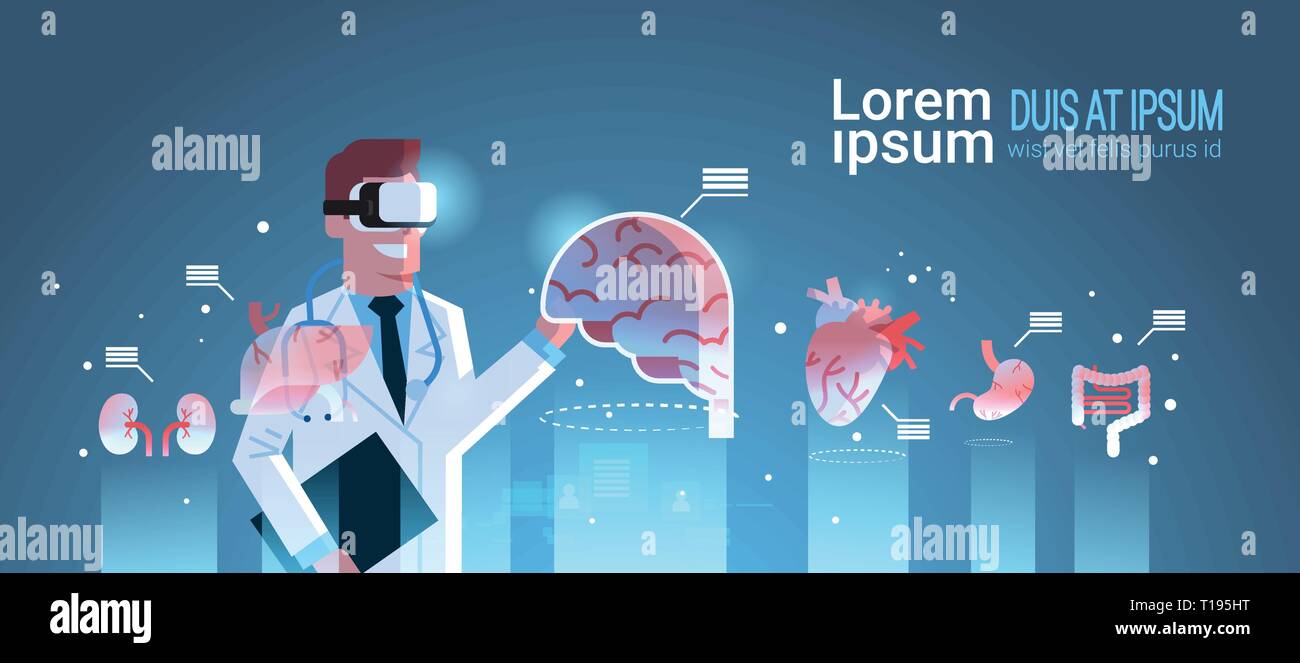 Männlicher Arzt tragen digital Gläser Suche virtual reality Gehirn menschliche Organe Infografik Anatomie medizinische VR-Headset vision Konzept moderne Klinik Stock Vektor