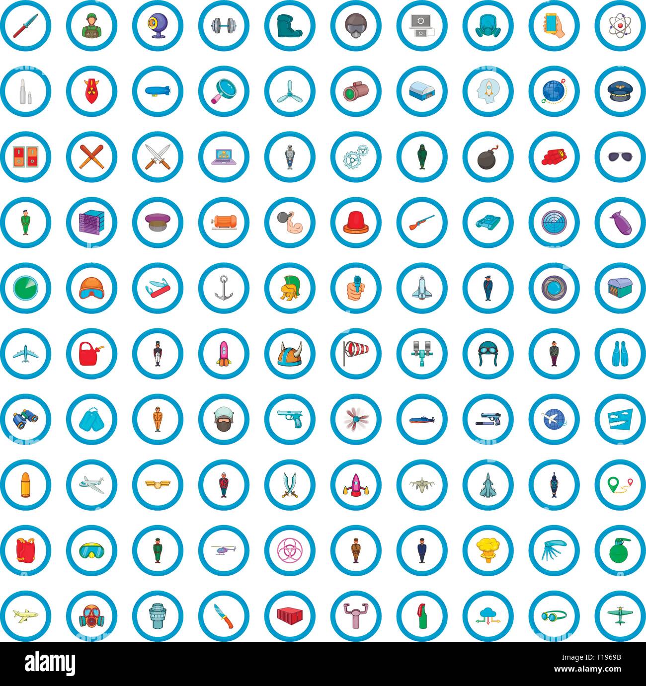 100 Militärdienst Symbole, Cartoon Stil Stock Vektor