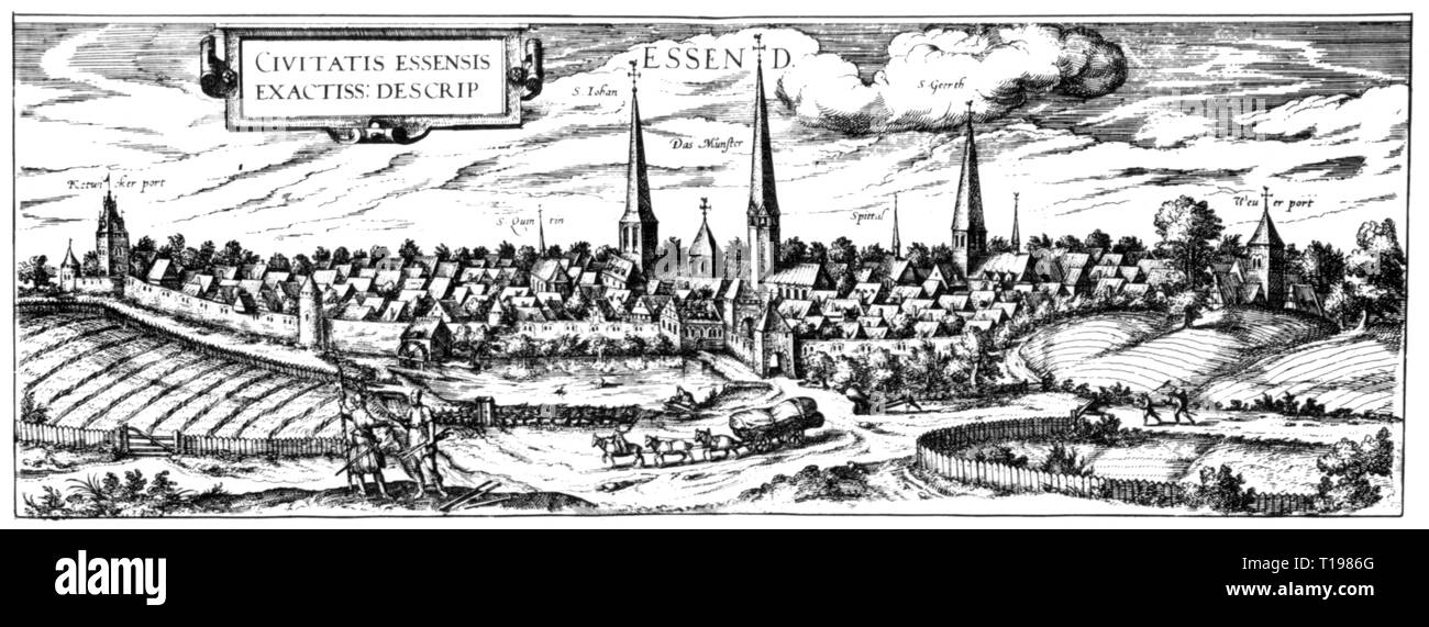 Geographie/Reisen historische, Deutschland, Städte und Kommunen, Werdener, Aussicht, Kupferstich, "Civitates Orbis Terrarum" von Georg Braun und Frans Hogenberg, 1572-1618, Artist's Urheberrecht nicht gelöscht werden Stockfoto