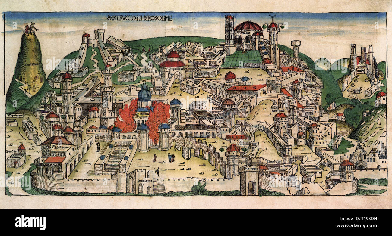 Jüdische Krieg 66 - 74 AD, die Zerstörung des Tempels in Jerusalem durch die Römer, 70 AD, Holzschnitt von Michael Wolgemut oder Wilhelm Pleydenwurff auf die Chronik des Hartmann Schedel, Nürnberg, 1493, Artist's Urheberrecht nicht gelöscht werden Stockfoto