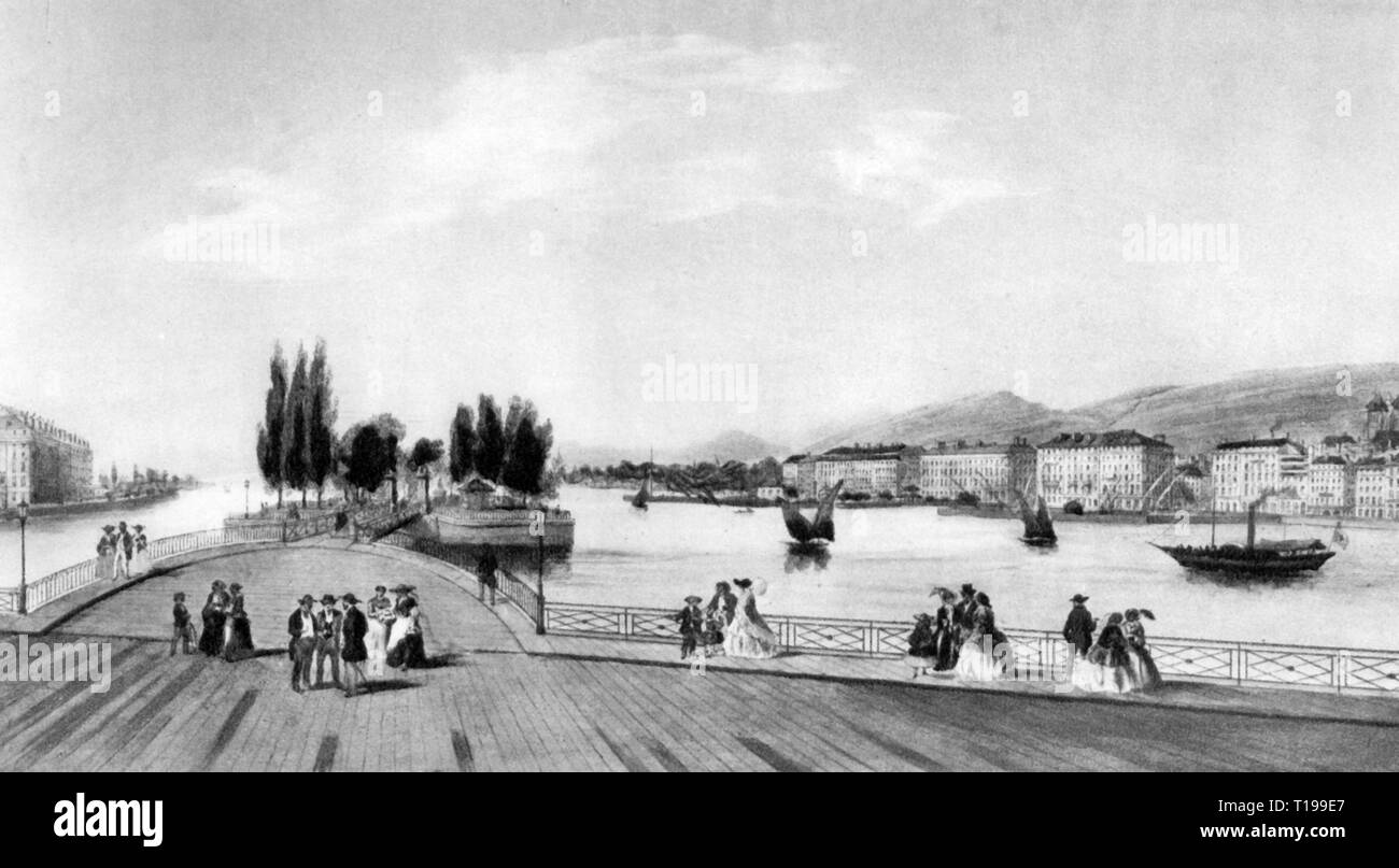 Historische Geographie/Reisen, Schweiz, Städte und Gemeinden, Genf, Aussicht, Mündung der Rhone in den Genfer See, Pont du Bergues mit dem Beitritt zur Ile de Rousseau, Lithographie, circa 1850,- Additional-Rights Clearance-Info - Not-Available Stockfoto