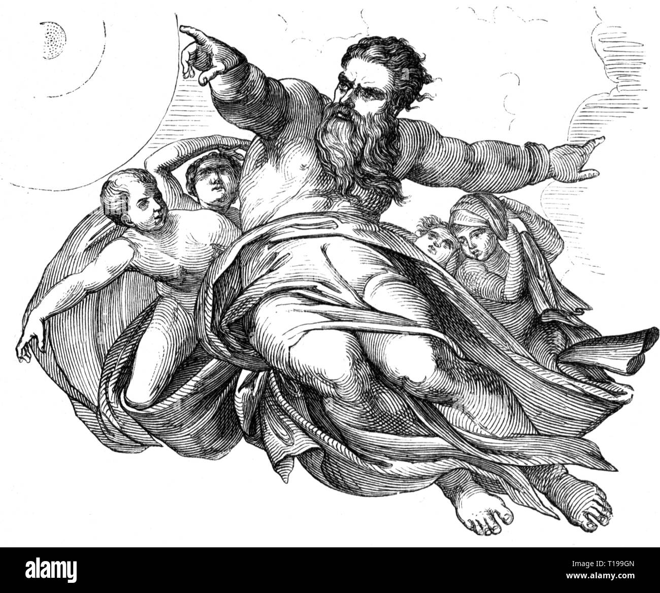 Religion, Christentum, Gott, Gott der Vater, angepasst von Gemälde von Michelangelo (1475 - 1564), Holzstich, 19. Jahrhundert, Grafik, Grafikkarte, volle Länge, volle Länge, Bärte, Vollbart, Engel, Engel, zeigen, Punkt, Sonne, Sonnen, geistige Schöpfung, Allfather, der Schöpfer, der Allmächtige, weltweit führend, Kruzifix, Schöpfer, Schöpfer, Schöpfung, Kreationen, Genesis, Religion, Religionen, Gott, Götter, Gottheiten, Göttlichkeit, Gottheiten, historische, geschichtliche, künstlerische Urheberrecht nicht geklärt zu werden. Stockfoto