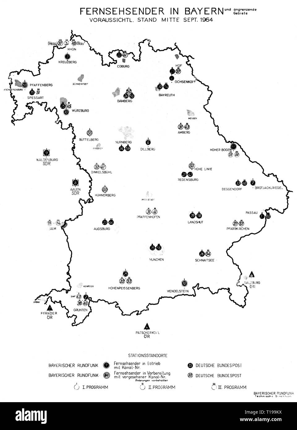 Rundfunk, Fernsehen, Sender, Deutsches Fernsehen, Sender in Bayern und  benachbarten Gebieten, im Betrieb und in der Vorbereitung, Stand: Mitte  September 1964, Bayerischer Rundfunk, technische Abteilung,  Additional-Rights - Clearance-Info - Not ...