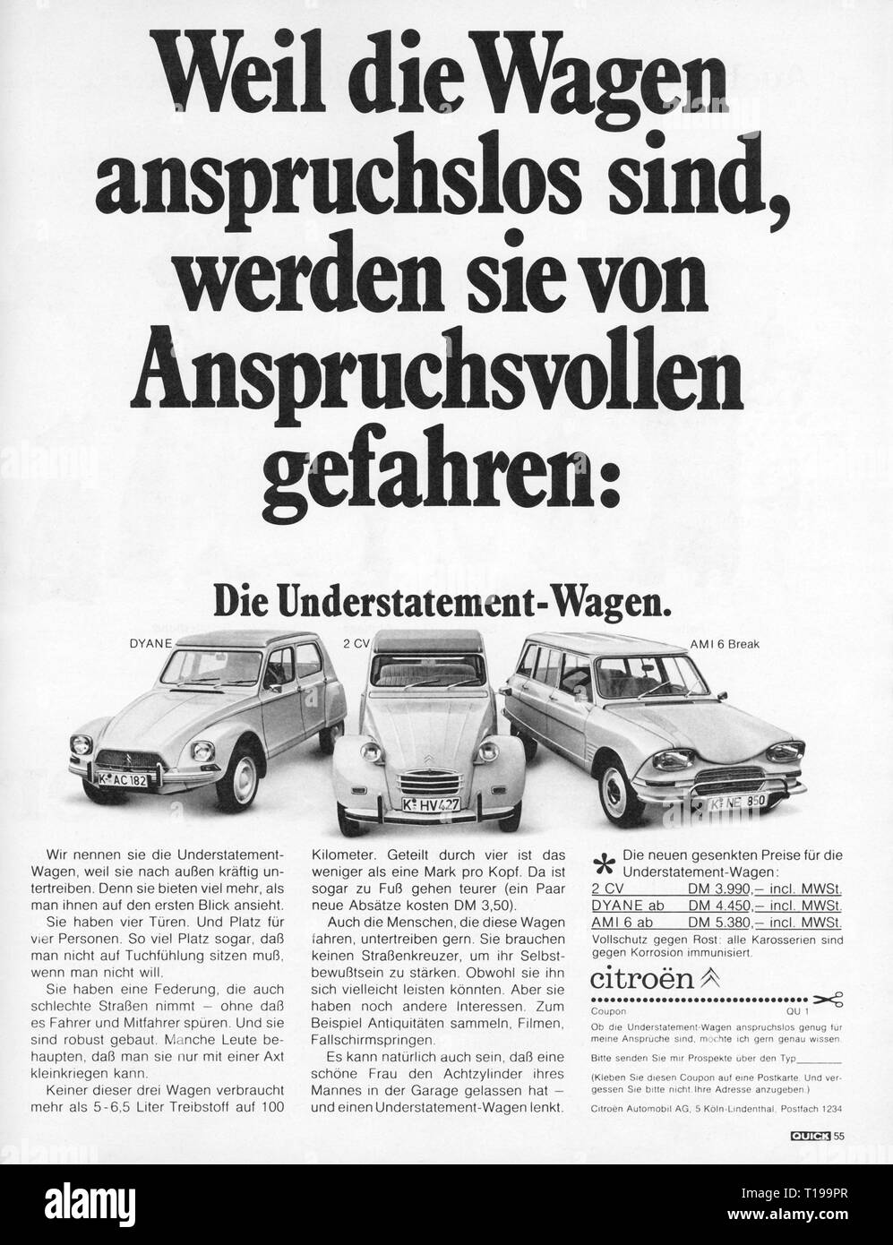 Werbung, Automobile, Citroen 2CV, Dyane, AMI6 Break, Werbung, ab: "Quick", Nummer 7, Band 22, München, 12.2.1969, Additional-Rights - Clearance-Info - Not-Available Stockfoto