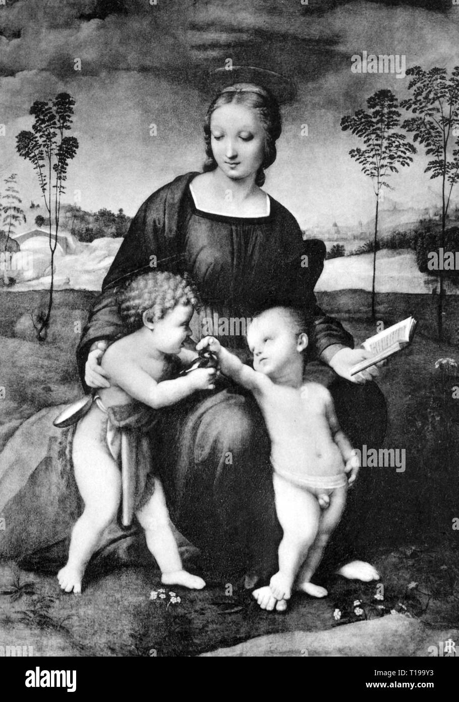 Religion, Christentum, Madonna/Maria mit dem Kind, "Madonna del cardellino" (Madonna mit der stieglitz), Malerei, die von Raffael (1483 - 1520), 1505 / 1506, Öl auf Leinwand, 107 x 77 cm, Uffizien, Florenz, Artist's Urheberrecht nicht geklärt zu werden. Stockfoto