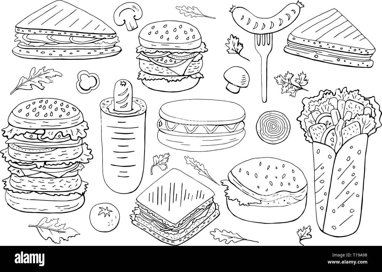 Satz von verschiedenen Burger und Sandwiches Schwarz und Weiß Stock Vektor