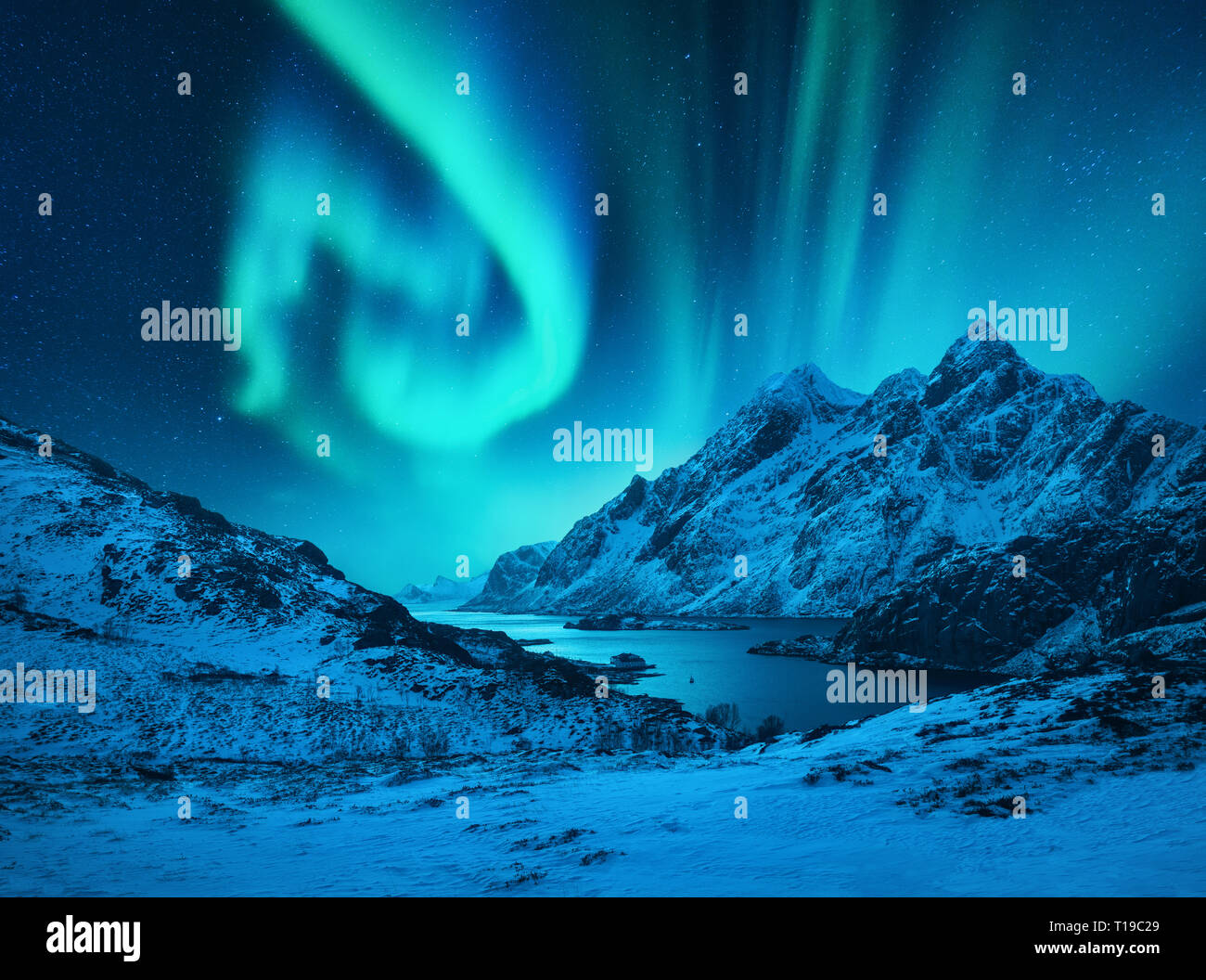 Aurora borealis über schneebedeckte Berge in Lofoten Inseln, Norwegen. Nordlichter im Winter. Nacht Landschaft mit Polar Lights, verschneite Felsen Stockfoto