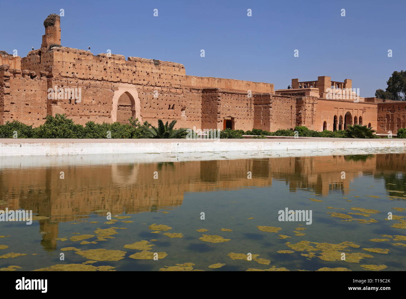 Torhaus und Dachterrasse, Badi Palast, Place des Ferblantiers, Kasbah, Medina, Marrakesch, Marrakesh-Safi region, Marokko, Nordafrika Stockfoto