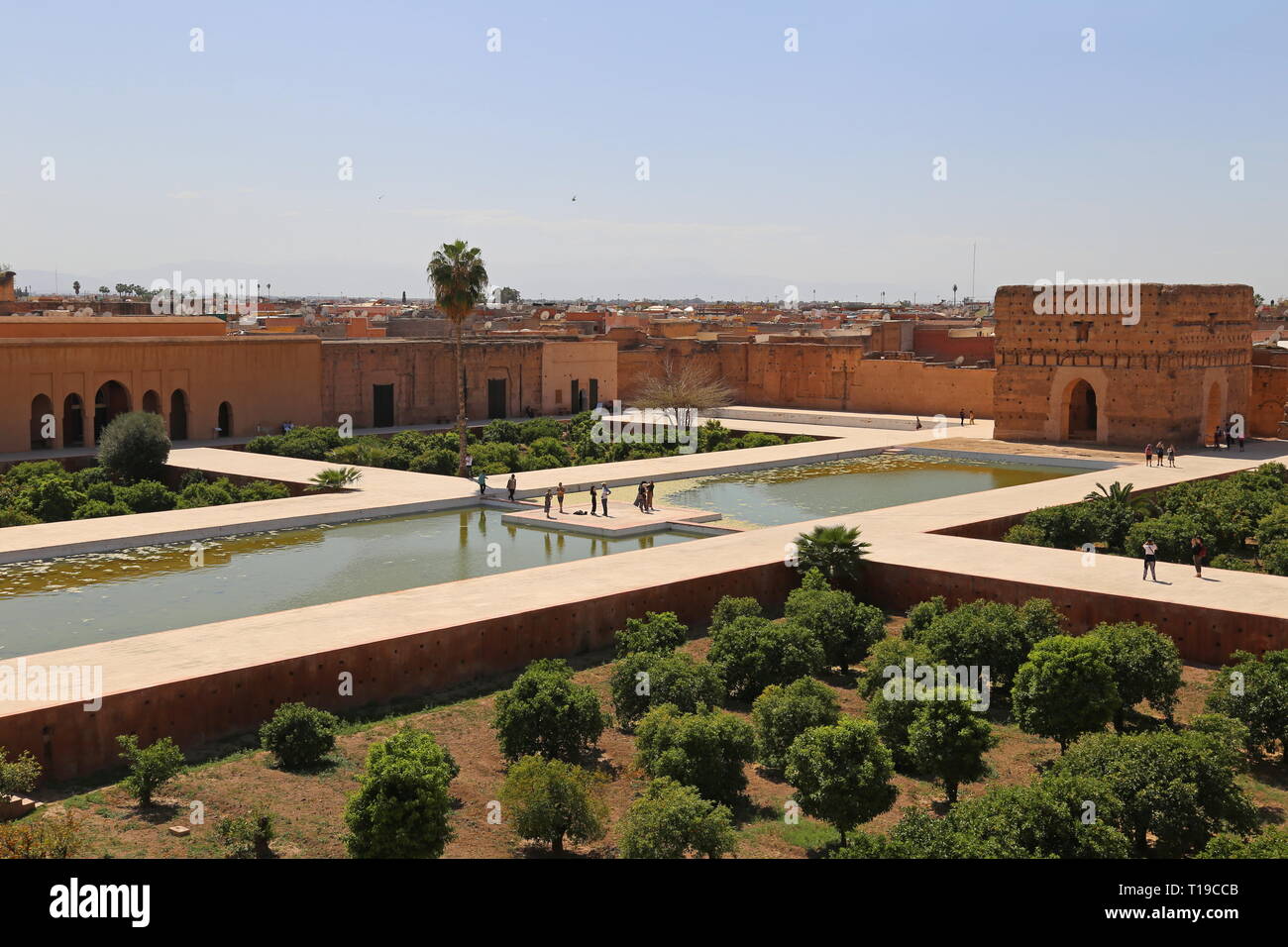 Aussicht von der Dachterrasse, Badi Palast, Place des Ferblantiers, Kasbah, Medina, Marrakesch, Marrakesh-Safi region, Marokko, Nordafrika Stockfoto