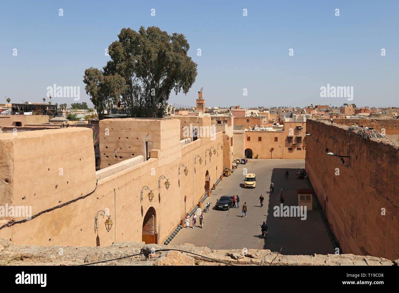 Aussicht von der Dachterrasse, Badi Palast, Place des Ferblantiers, Kasbah, Medina, Marrakesch, Marrakesh-Safi region, Marokko, Nordafrika Stockfoto