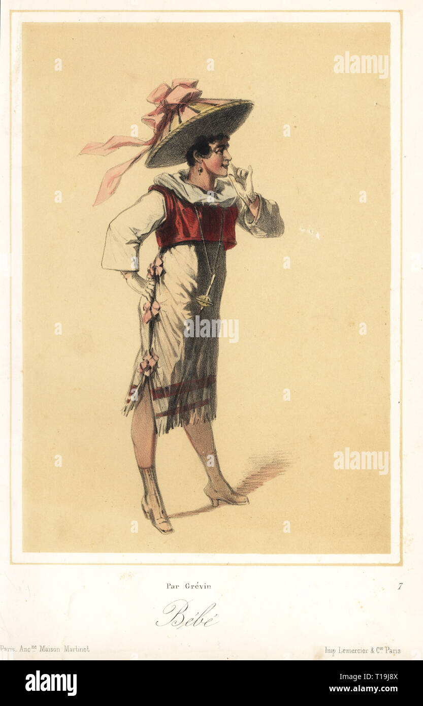 Frau in Kostüm wie Bebe, die von den karikaturisten Alfred Grévin. Papierkörbe Lithographie von von Martinet, Paris, 1880 veröffentlicht. Stockfoto