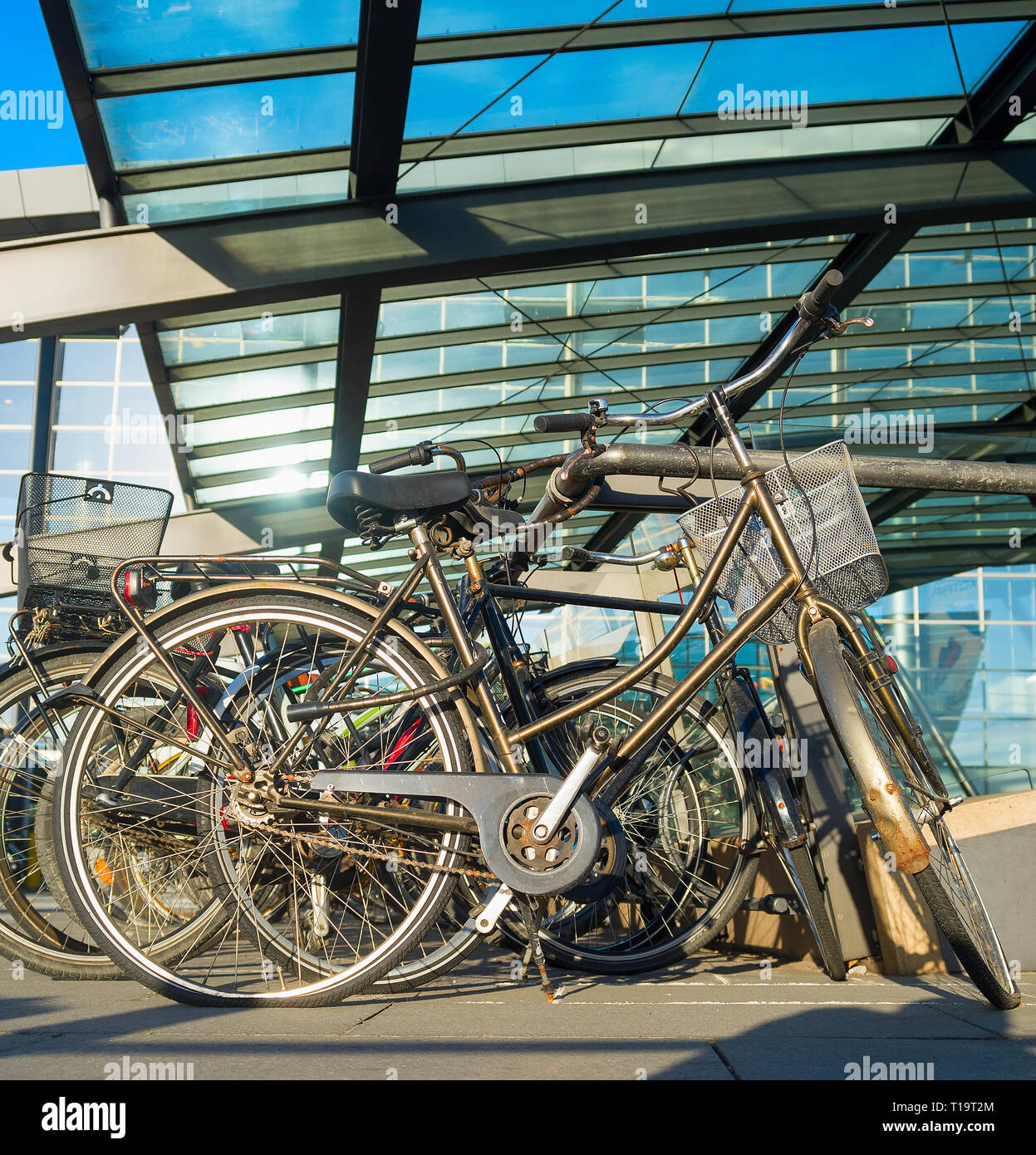 Nahaufnahme der Fahrräder auf dem Parkplatz von Kastrup International Airport unter Glas Vordach bei Sonnenschein Tag, Kopenhagen, Dänemark Stockfoto