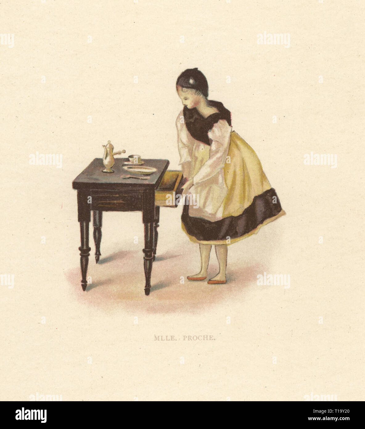 Puppe der Tänzerin Mlle. Proche Giubelei in Kostüm wie Justine aus dem Ballett Un jour ein Neapel von der jungen Prinzessin Victoria gekleidet. Farbe Platte nach einer Illustration von Alan Wright von Frances H. Niedrige von Queen Victoria, Puppen, George Neuheit, London, 1894. Stockfoto