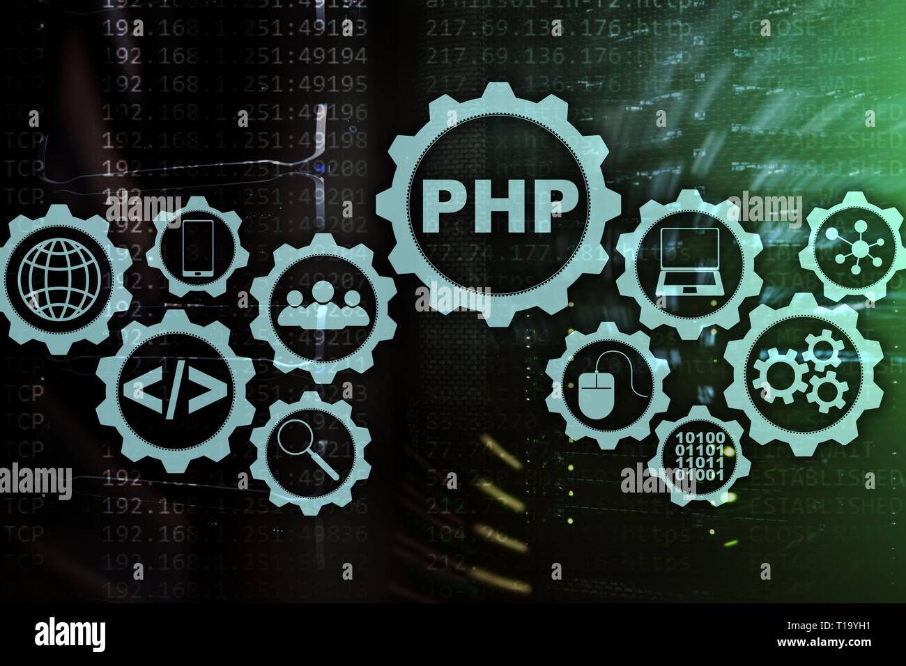 PHP Programmiersprache. Die Entwicklung Programmierung und Coding Technologies. Cyber Space Konzept Stockfoto