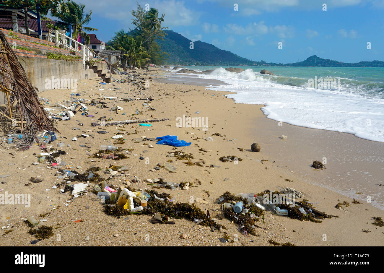 Strand Umweltverschmutzung, angeschwemmte Strandgut nach Tropensturm "pabuk", Lamai Beach, Koh Samui, Golf von Thailand, Thailand Stockfoto