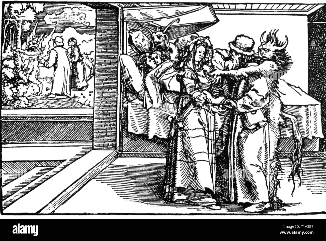 Religion, Engel und Teufel, Dämon der Bawdiness, Holzschnitt, Additional-Rights - Clearance-Info - Not-Available Stockfoto