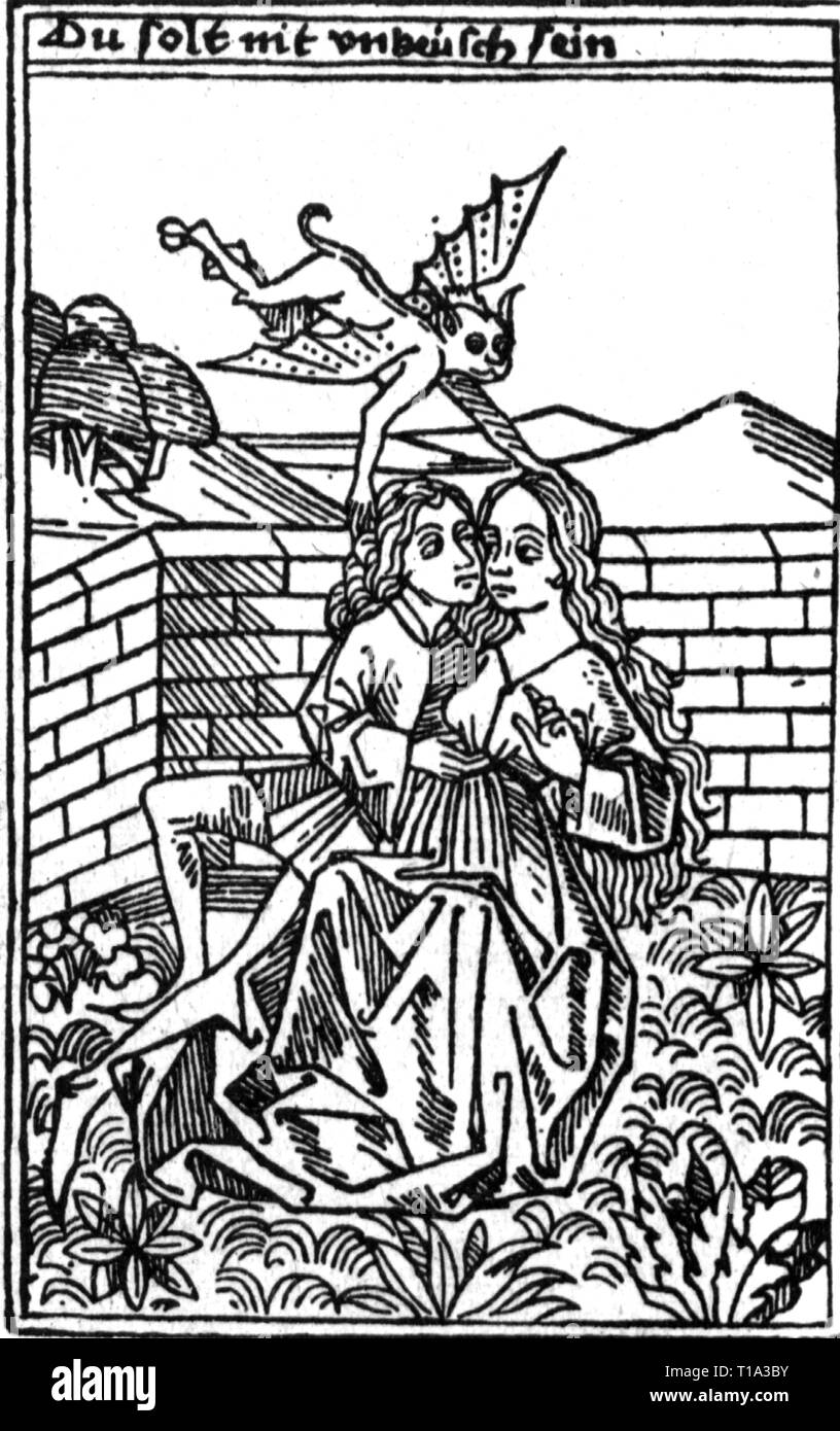 Religion, Engel und Teufel, 'Du solst nit unkeusch sein" (Du sollst nicht Unchaste), Dämon der Bawdiness, Holzschnitt, Drucken: Anton Sorg (ca. 1430 - 1490), Augsburg, 1478, Additional-Rights - Clearance-Info - Not-Available Stockfoto